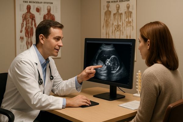 A doctor in a consultation room using a 1MP monitor to show a patient an ultrasound image and explain the findings