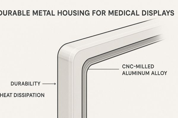 A close-up shot of a CNC-milled aluminum housing for a medical monitor, highlighting its seamless finish
