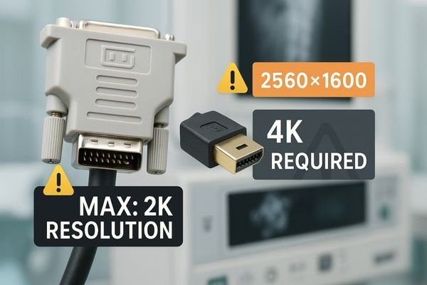 A DVI connector shown next to a modern 4K medical display with adapter