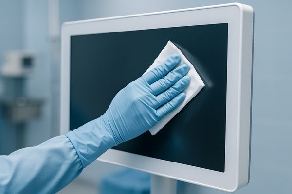 A gloved hand wiping down the smooth, seamless front of a surgical monitor