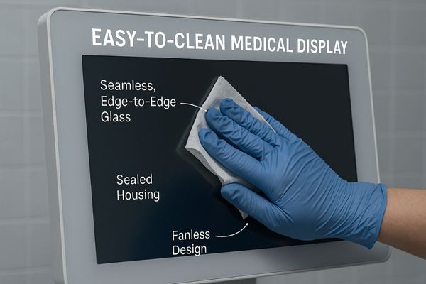A gloved hand wiping down the smooth, sealed surface of a medical monitor with a disinfectant wipe