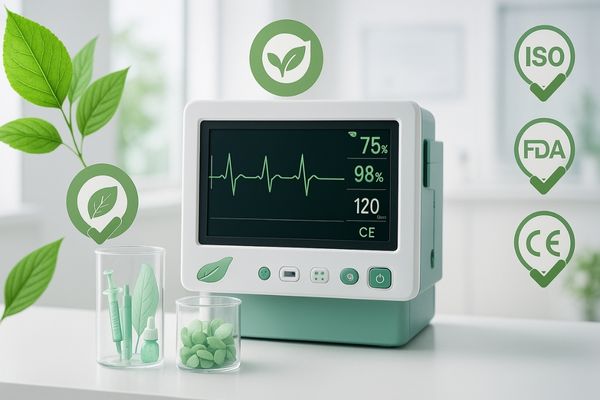A comprehensive visualization of sustainable medical materials integrating eco-friendly components while maintaining compliance standards in a modern healthcare setting.