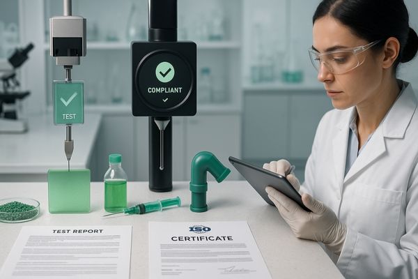 Medical device with eco-friendly components undergoing compliance testing in laboratory