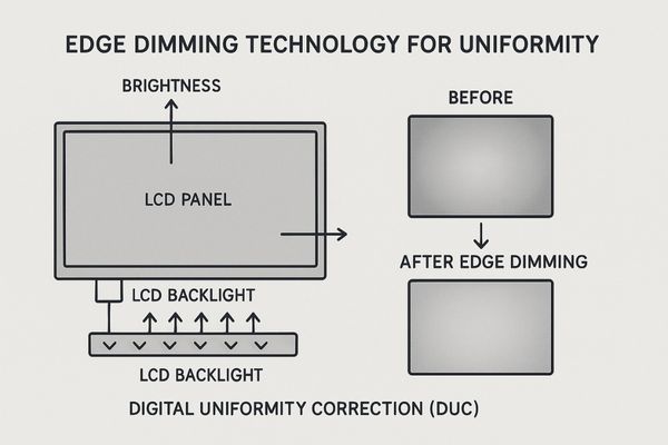 Diagram showing how edge dimming technology creates uniform brightness across a screen