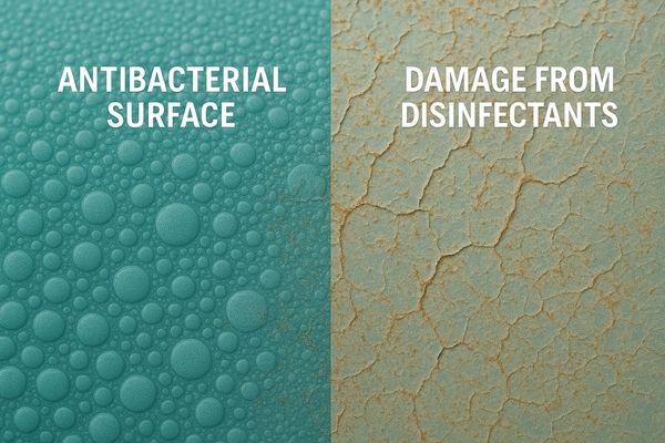 A split image showing a new antibacterial surface versus a surface damaged by harsh chemicals