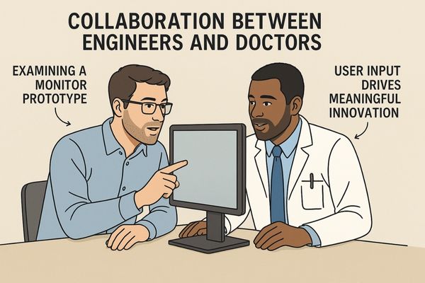An image of an engineer and a doctor looking at a monitor prototype together