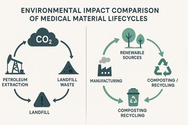 Diagram showing lifecycle comparison between traditional and eco-friendly medical materials