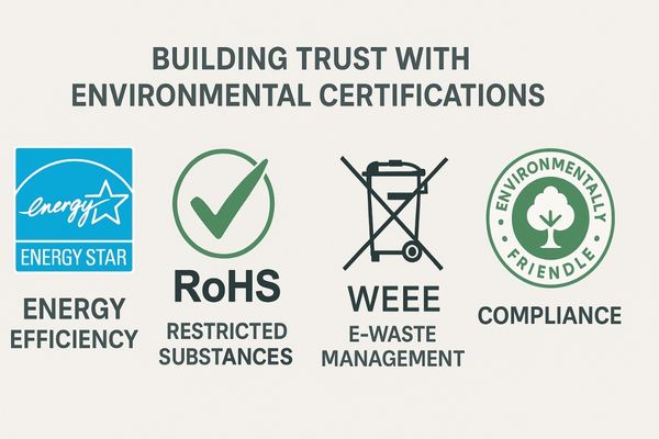 A collection of environmental certification logos like Energy Star, RoHS, and WEEE