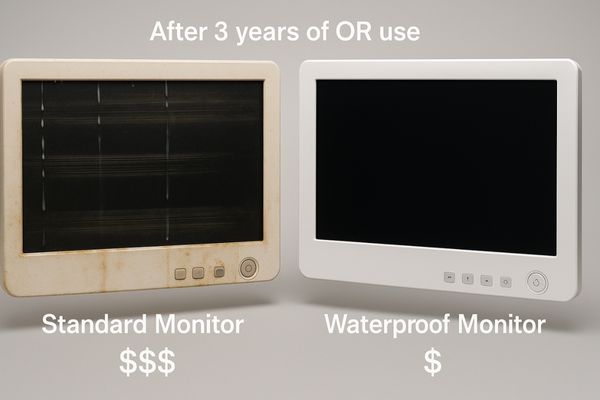 Comparison of a standard monitor with visible damage from cleaning versus an intact waterproof monitor
