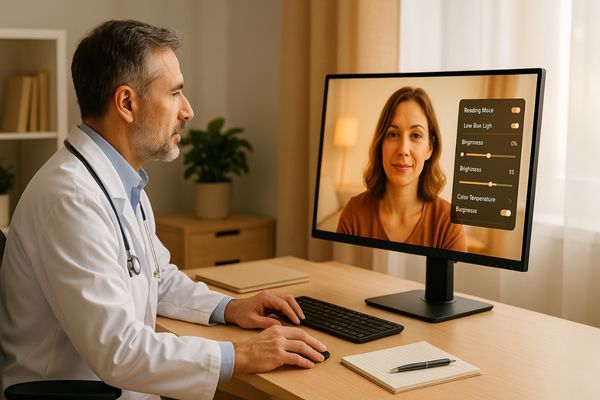 Middle-aged male doctor working at an ergonomic telemedicine workstation with a warm-toned medical monitor display, reducing eye strain.