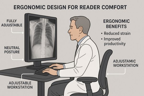 A radiologist comfortably working at a fully adjusted ergonomic medical display
