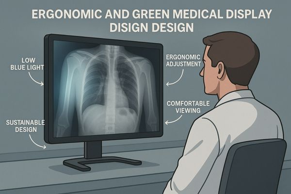 An ergonomically designed medical display with low blue light, positioned for a clinician's comfort