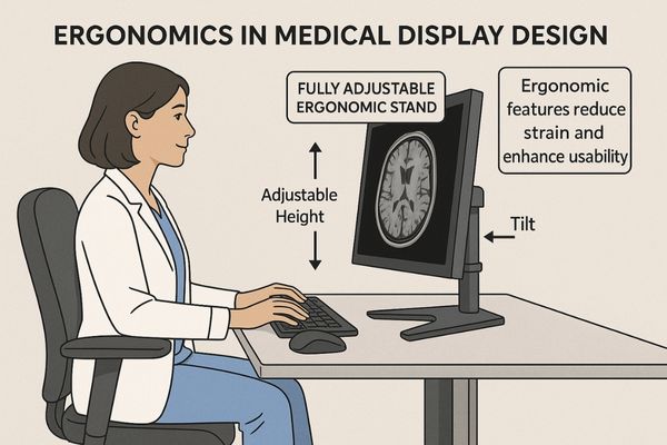 A clinician comfortably using a monitor on a fully adjustable ergonomic stand