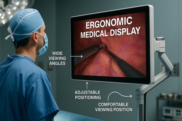 A surgeon comfortably viewing a well-positioned, articulating medical display during a long procedure