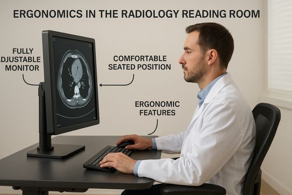 A radiologist comfortably working at an ergonomically adjusted workstation