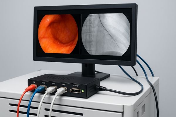 An external multiviewer box with multiple inputs and a single output connected to a standard monitor