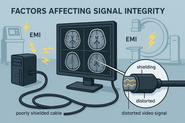 An illustration showing EMI from other medical devices interfering with a poorly shielded monitor cable