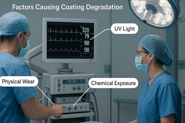 A medical display in a busy operating room showing potential points of physical contact and wear