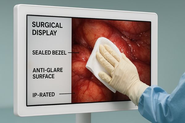A close-up of a surgical display being wiped clean, highlighting its sealed bezel and durable surface