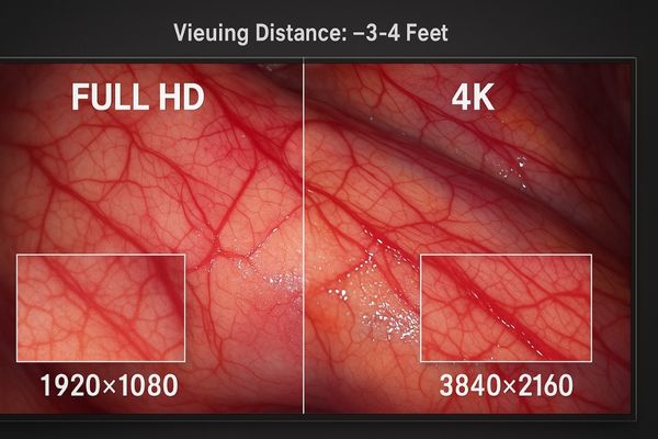 A simulated comparison of an image on an FHD vs a 4K screen, with 4K showing more micro-detail