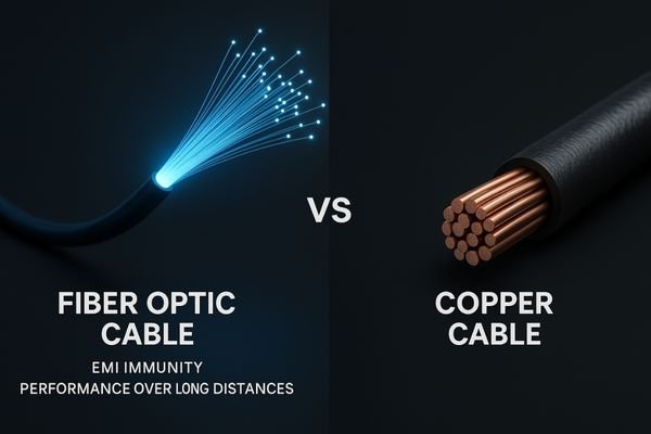 A glowing fiber optic cable transmitting light, contrasted with a thick, bulky copper video cable