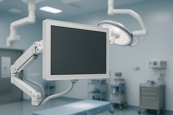 A surgical monitor mounted on a flexible, articulating arm in an operating room