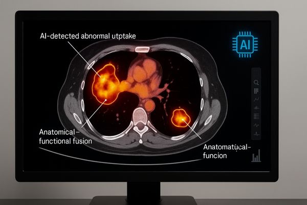 A futuristic display showing a fused PET/CT image with AI-highlighted areas of interest