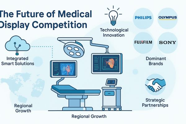 Infographic illustrating the future of medical display competition, featuring a futuristic operating room, advanced medical monitors, key trends like innovation and integrated smart solutions, and logos of leading brands.