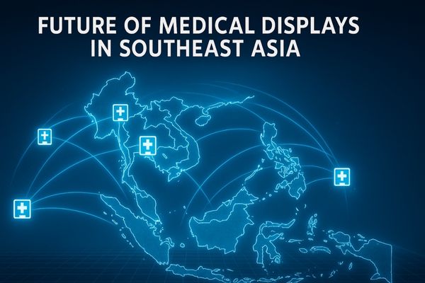 A futuristic graphic showing interconnected hospitals and data flowing across the region