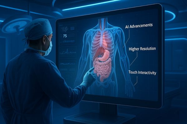 A futuristic illustration of a surgeon interacting with a large touch-screen display showing AI overlays on a 3D anatomical model