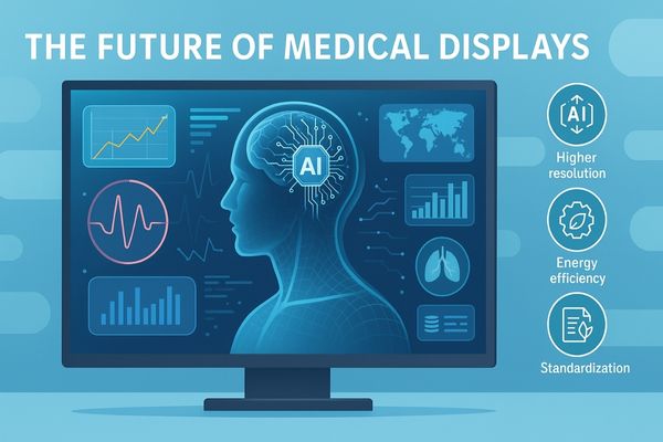 Futuristic medical display with AI integration, showcasing human anatomy wireframe, holographic charts, and key features like higher resolution, energy efficiency, and standardization.