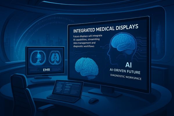 A futuristic image of a diagnostic cockpit with integrated AI and seamless data flow