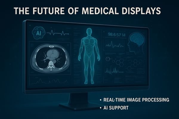 An image of a futuristic medical display showing complex data and AI overlays