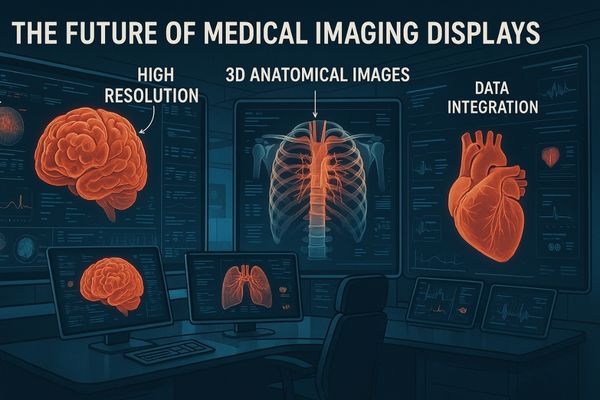 A futuristic medical command center with large, high-resolution screens displaying complex anatomical data