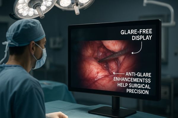 A surgeon focused on a glare-free surgical display in the OR