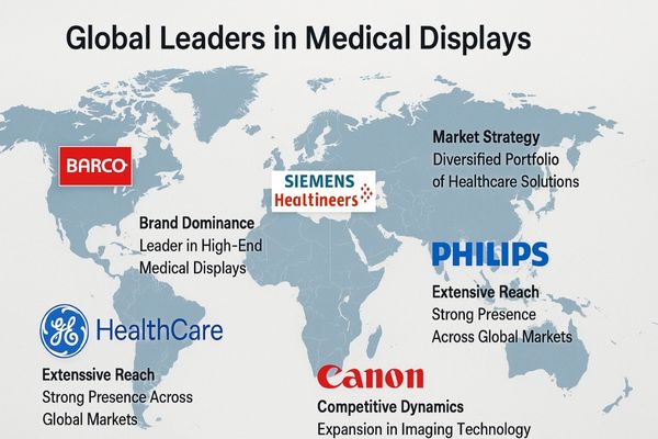 A graphic showing logos of major medical tech brands on a world map