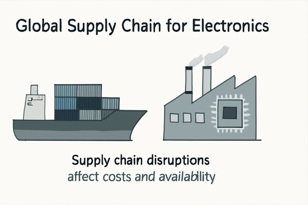 An image of a container ship and a semiconductor factory, representing the supply chain