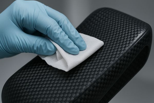 A gloved hand wiping a carbon fiber surface with a disinfectant wipe, showing its smooth, easy-to-clean finish