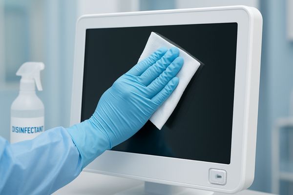 A gloved hand wiping a medical display with a disinfectant cloth