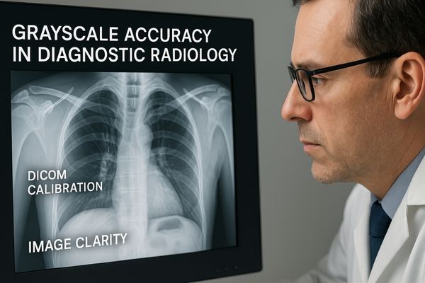 A radiologist closely examining a grayscale X-ray on a high-resolution medical display