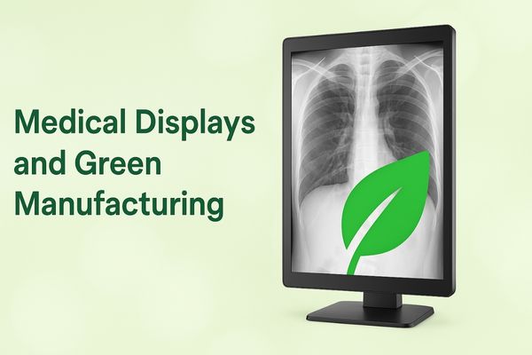 Green manufacturing practices in medical displays, featuring energy-efficient design, eco-friendly materials, and sustainability certifications supporting hospital ESG goals.