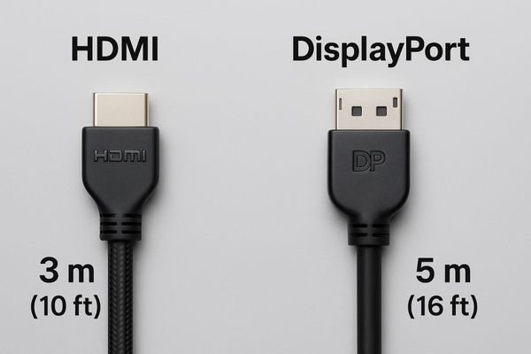 A side-by-side comparison of an HDMI connector and a DisplayPort connector