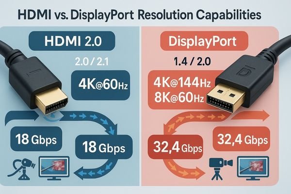 A comparison of HDMI and DisplayPort cables with 4K and 8K resolution displays