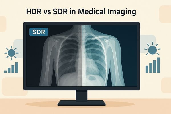 Comparison of HDR and SDR in medical imaging showing a chest X-ray, with HDR side displaying clearer details and improved contrast versus SDR side.