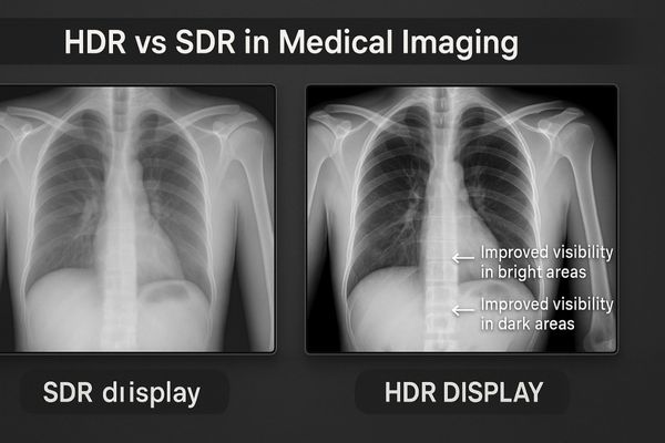 A medical image of a chest X-ray shown on a standard display versus an HDR display