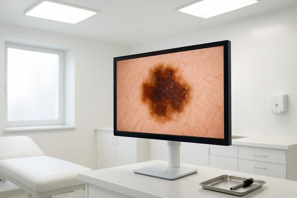 A monitor with high brightness standing in a brightly lit clinic room, its image remaining clear and vibrant