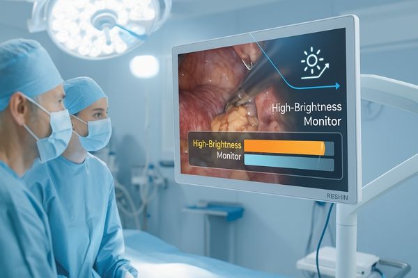 Two surgeons observing a high-brightness surgical monitor displaying endoscopic anatomy with brightness comparison chart in a bright modern operating room