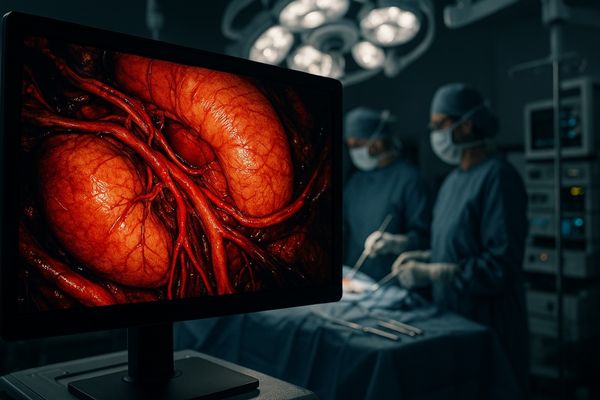 A high-contrast surgical monitor showing a detailed anatomical image