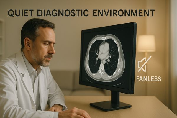 A doctor concentrating on a scan in a serene, quiet reading room