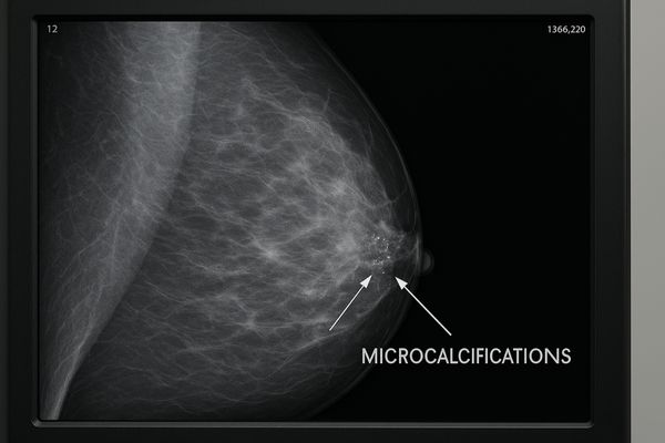 A close-up of a high-resolution mammogram showing microcalcifications on a medical display